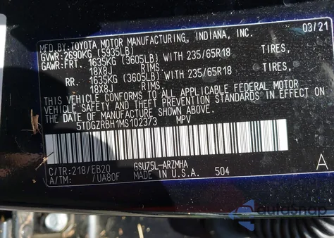 2021 Toyota Highlander Xle z USA, uszkodzony, nr VIN 5TDGZRBH1MS102373